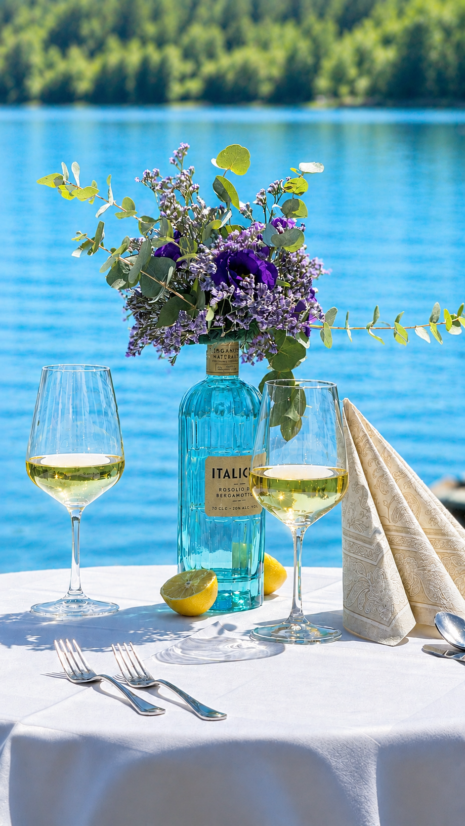 Gedeckter Tisch mit Blumen und Seeblick